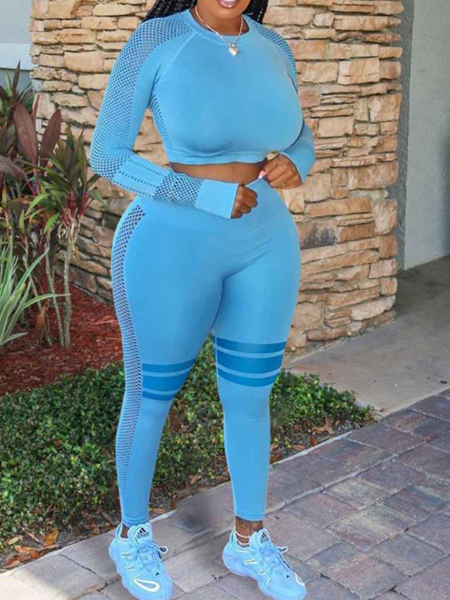 

lovely Sportswear O Neck Patchwork Blue Plus Size Two-piece Pants Set
