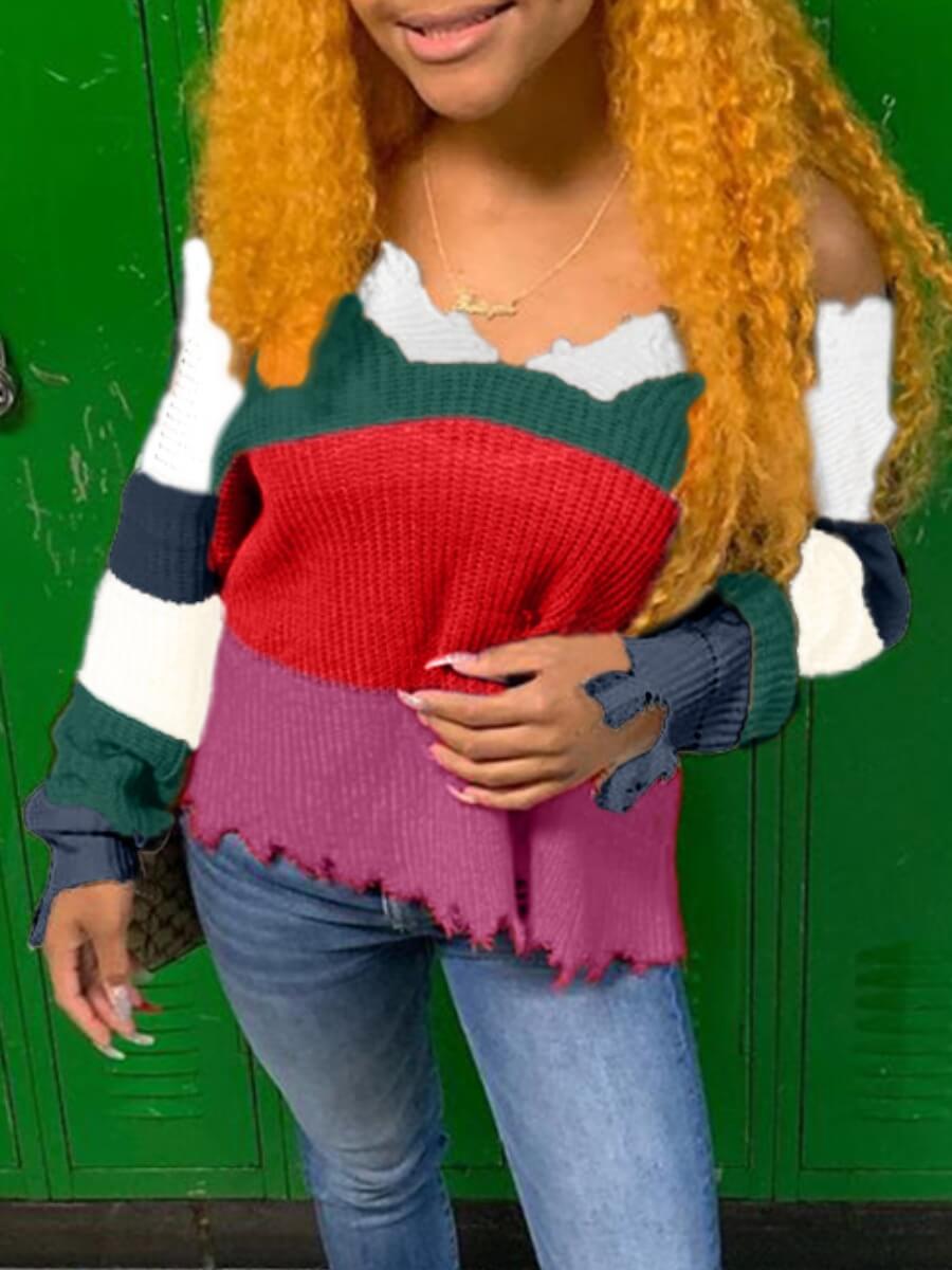 

Lovely Trendy V Neck Striped Patchwork Green Sweater
