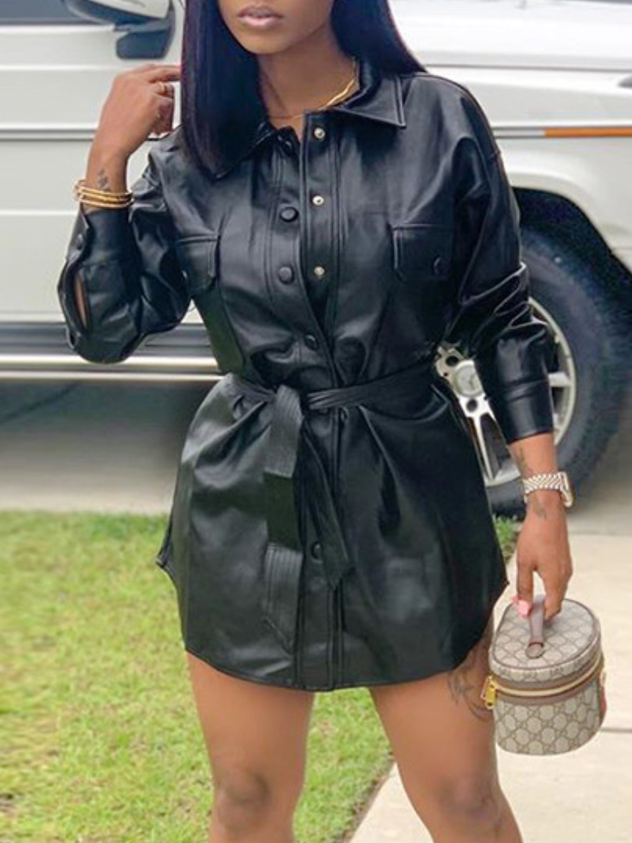 

lovely Trendy Turndown Collar Buttons Design Black Leather