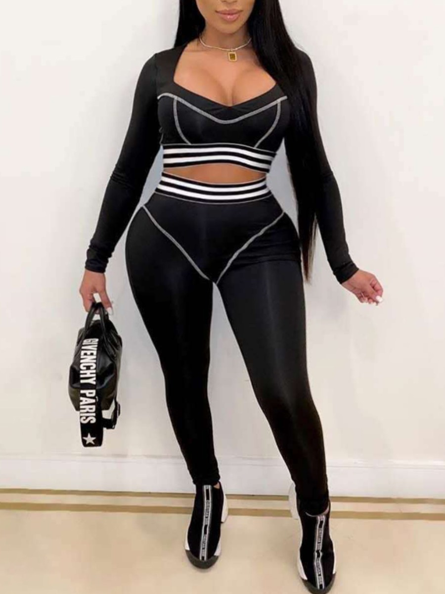 

lovely Sportswear Patchwork Black Plus Size Two-piece Pants Set