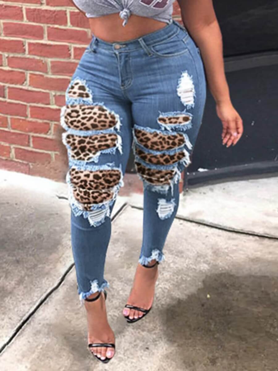 

LW Plus Size High Stretchy Leopard Print Patchwork Jeans, Blue