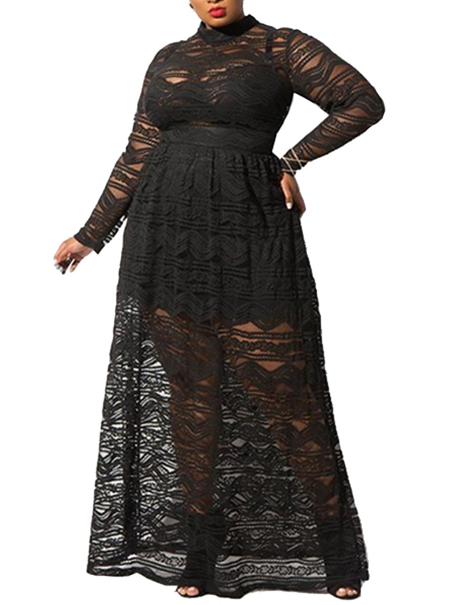 

lovely Trendy O Neck Lace See-through Black Maxi Plus Size Dress