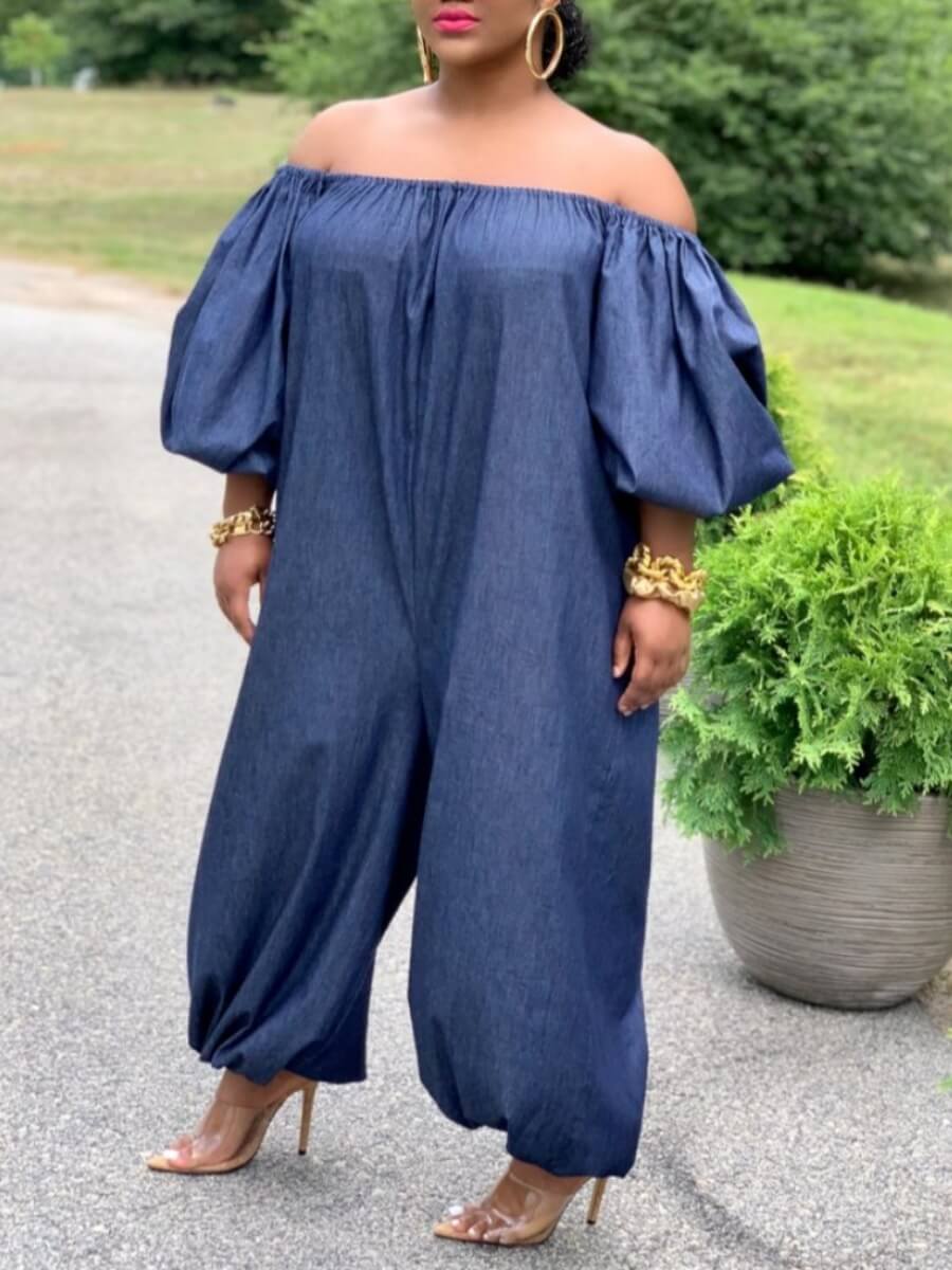 

Lovely Trendy Dew Shoulder Loose Blue Plus Size One-piece Jumpsuit