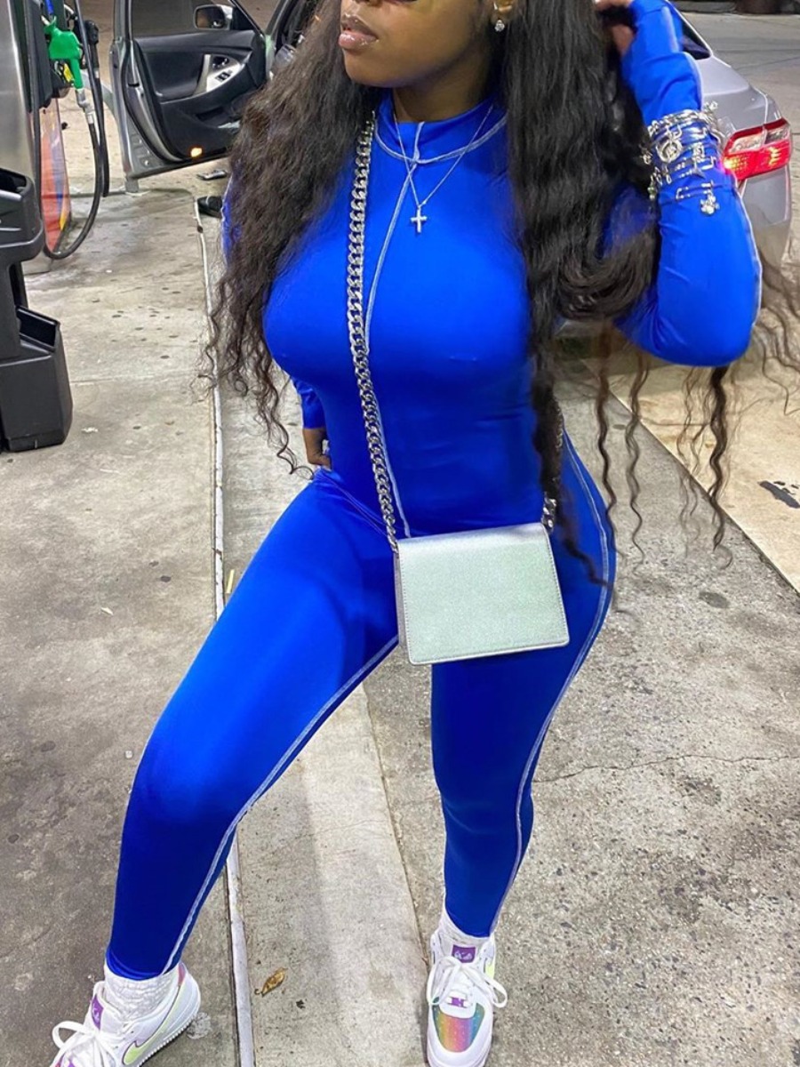 

lovely Sportswear O Neck Patchwork Skinny Blue One-piece Jumpsuit
