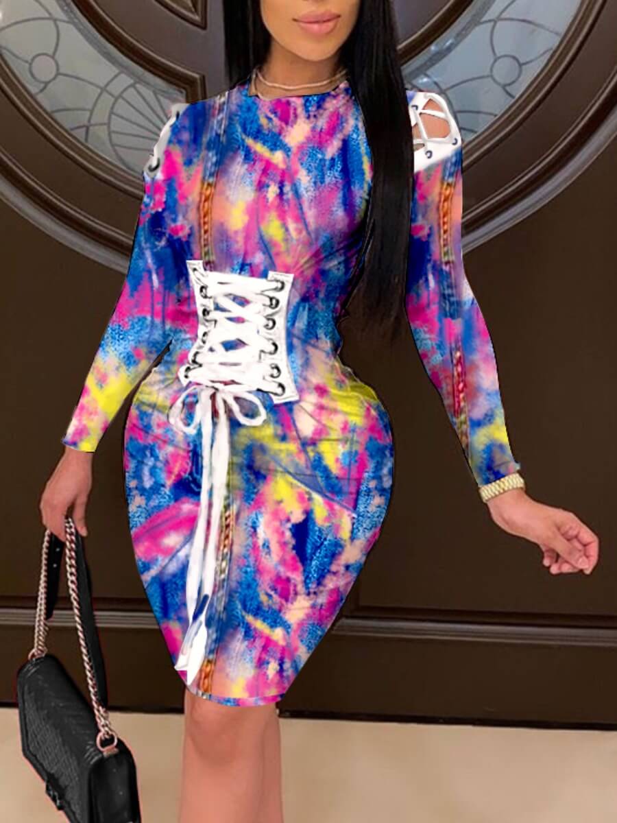 

Lovely Trendy O Neck Print Bandage Design Blue Knee Length Dress(Batch Print