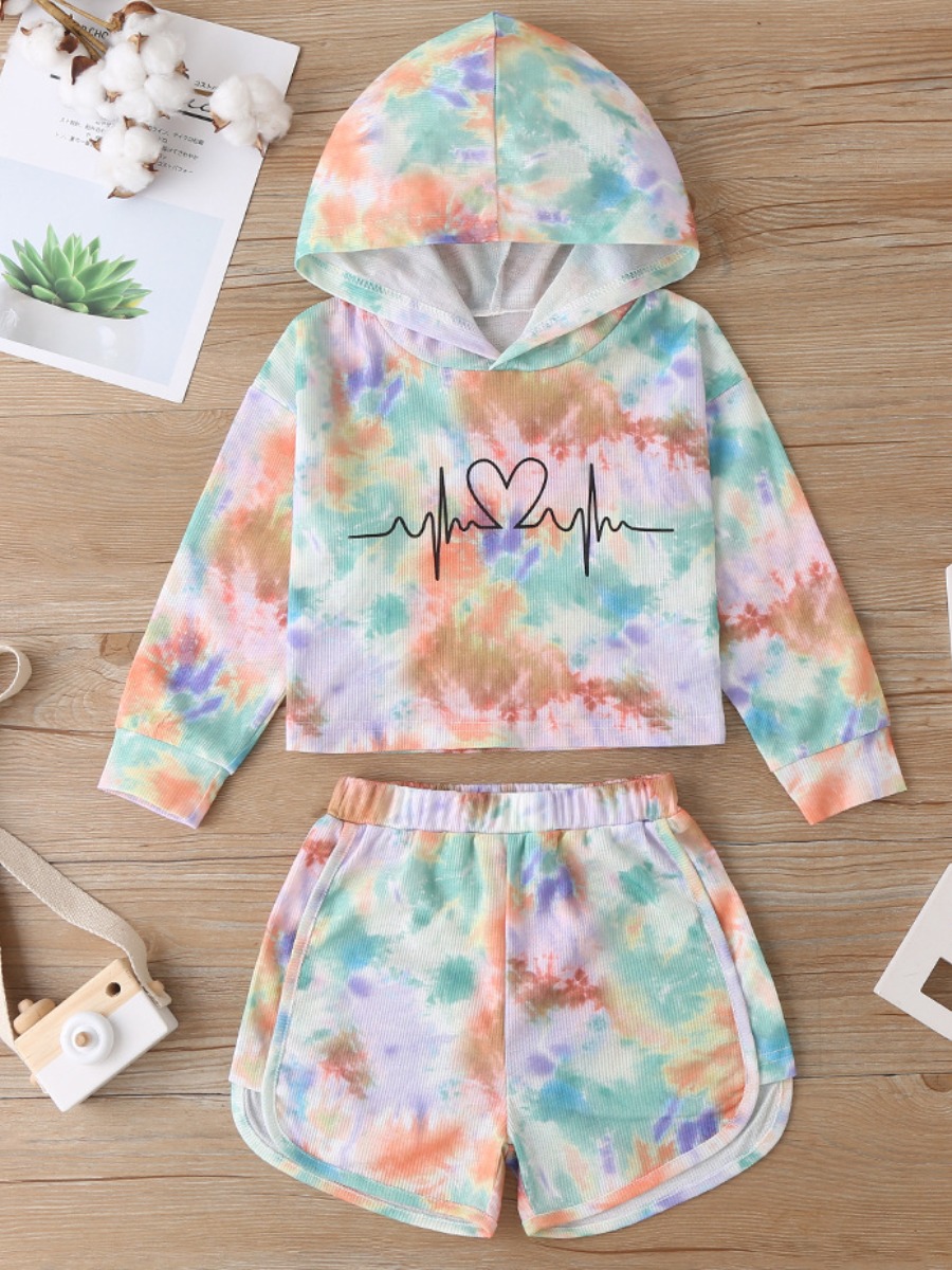 

lovely Stylish Hooded Collar Tie-dye Multicolor Girl Two-piece Shorts Set, Multi