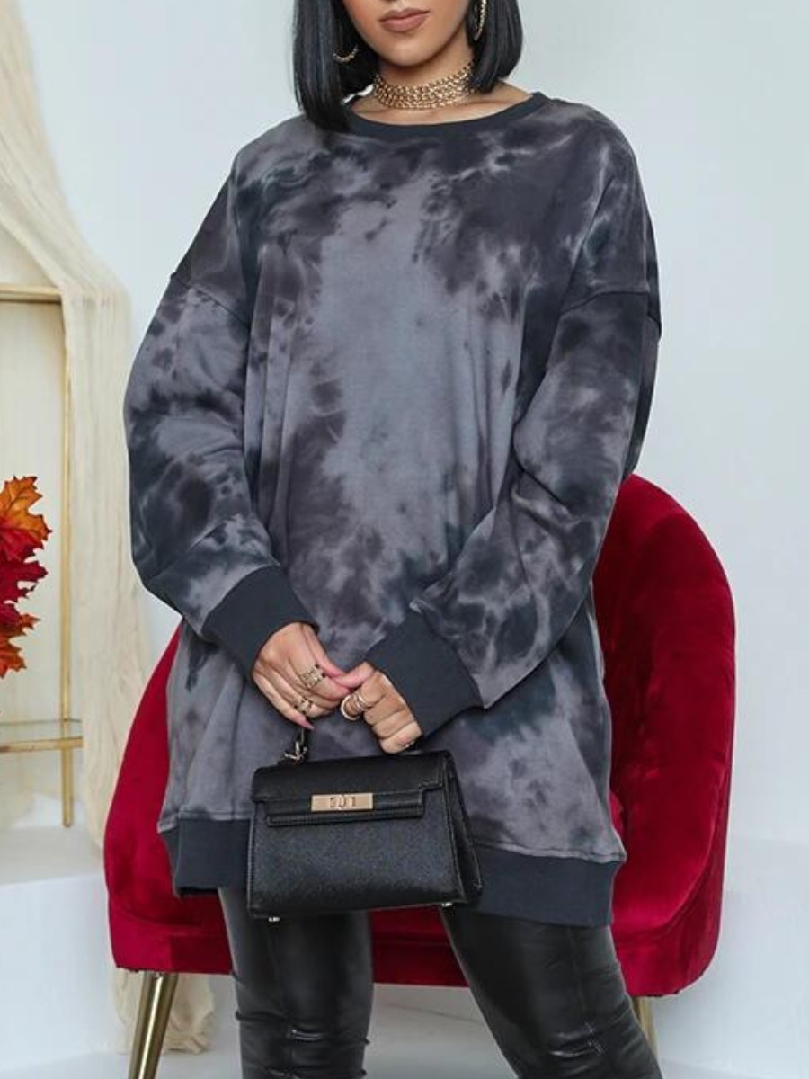 

lovely Casual O Neck Tie-dye Carbon Black Knee Length Dress