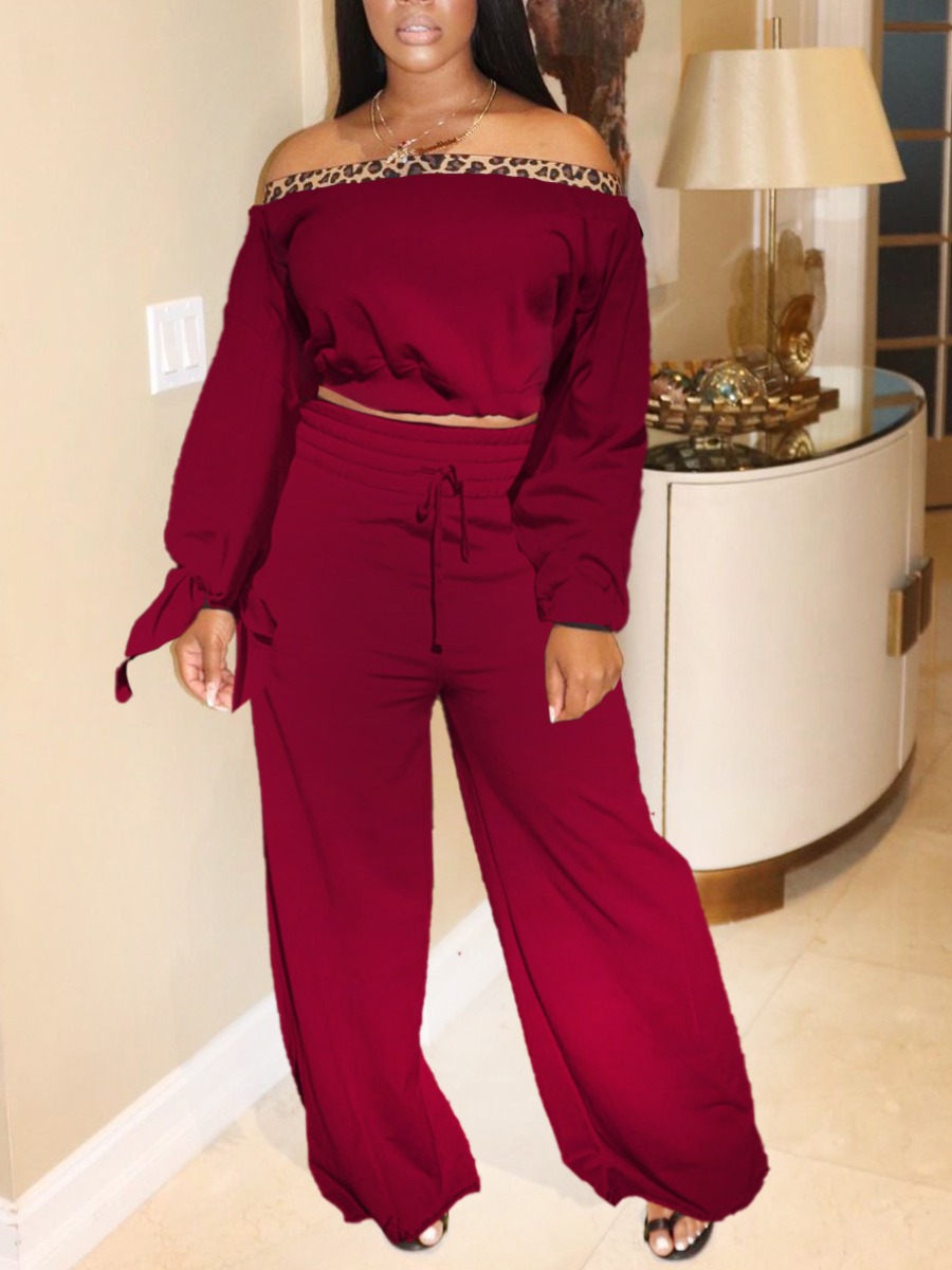 

Lovely Trendy Dew Shoulder Patchwork Wine Red Two Piece Pants Set