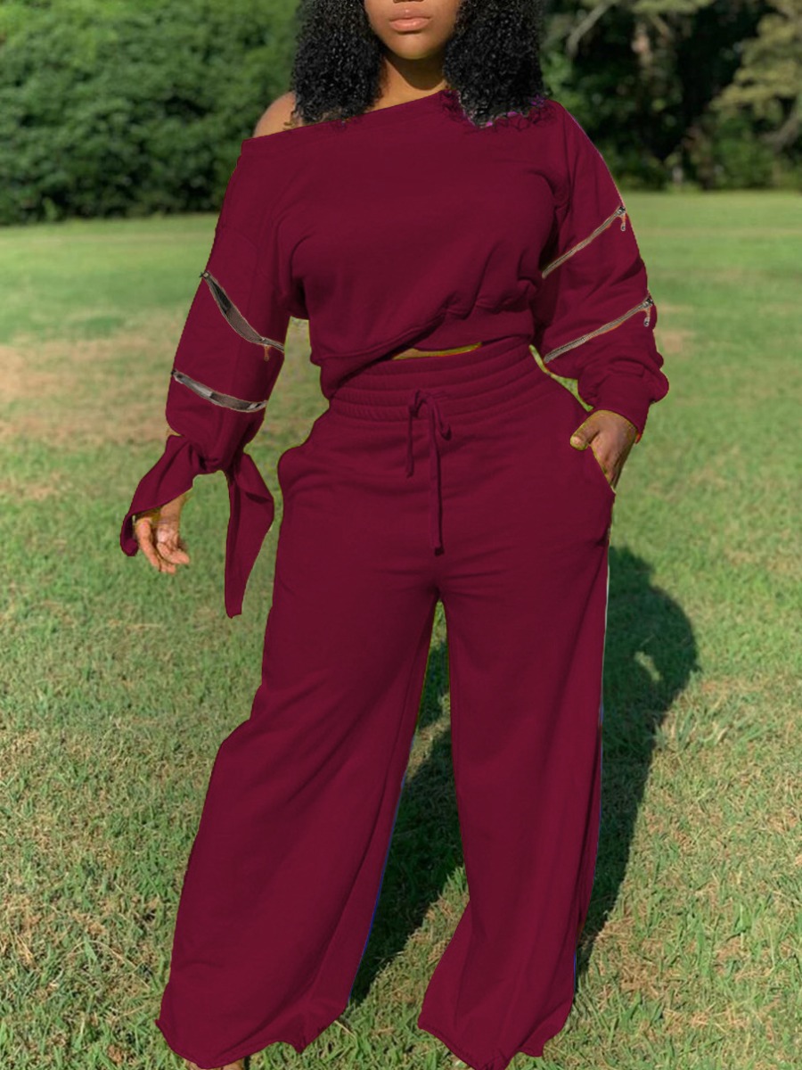 

lovely Casual Zipper Design Purplish Red Two Piece Pants Set