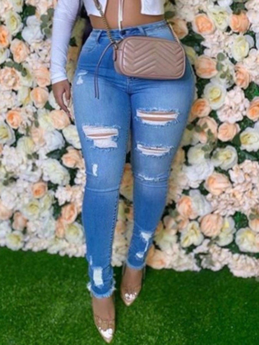 

lovely Street Broken Holes Baby Blue Plus Size Jeans