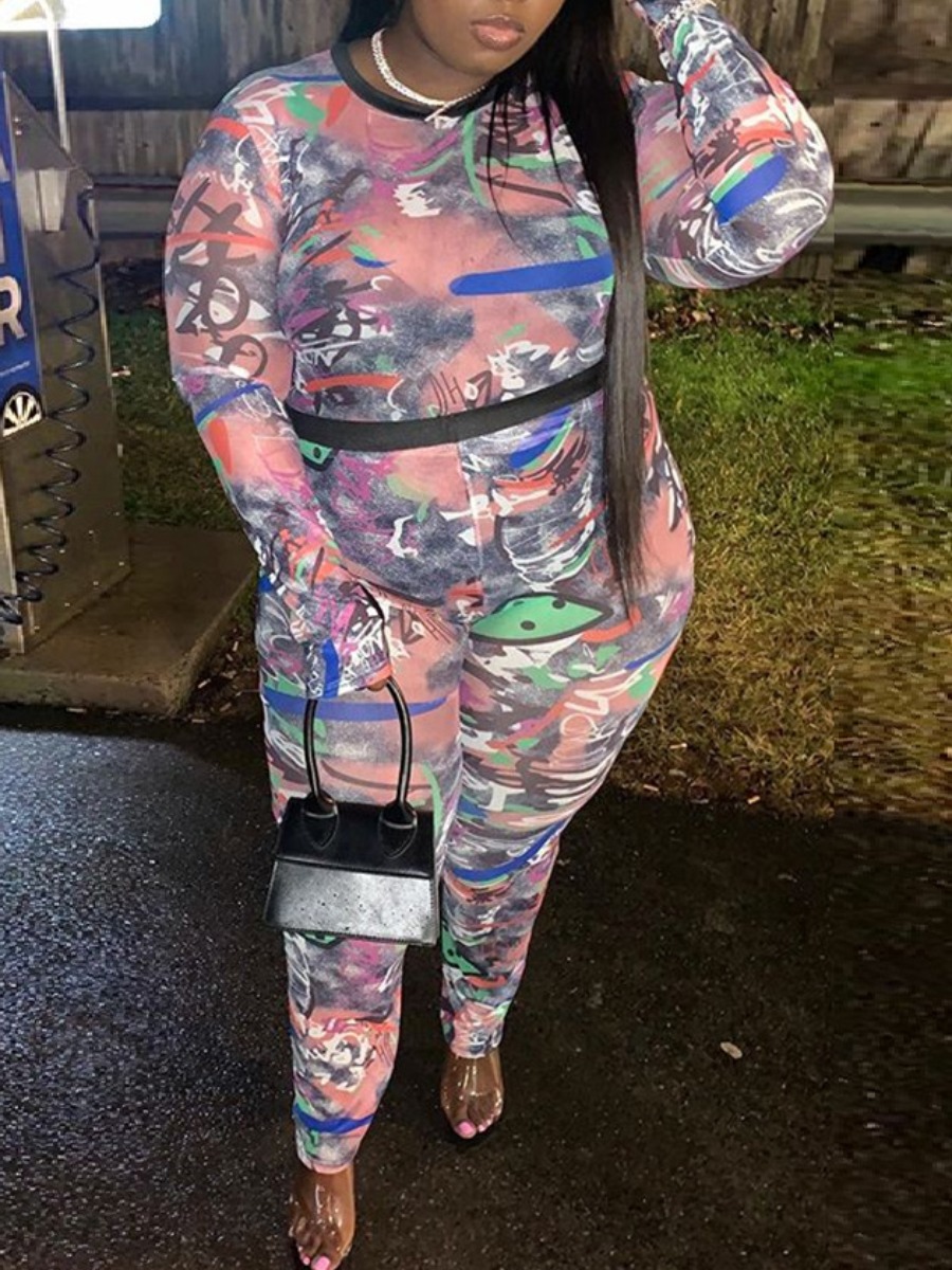 

lovely Casual O Neck Print Multicolor Plus Size Two-piece Pants Set, Multi