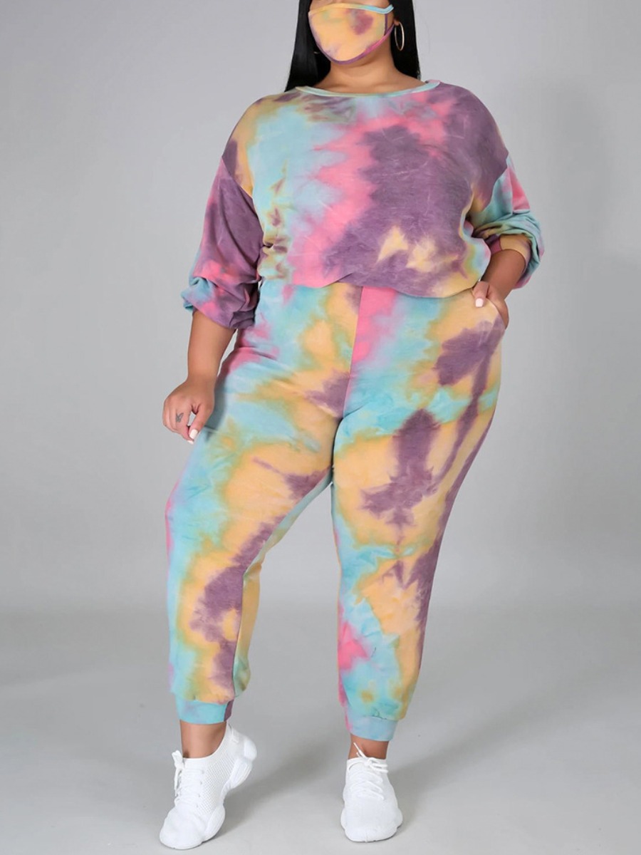 

Lovely Casual O Neck Tie-dye Pink Plus Size Two-piece Pants Set