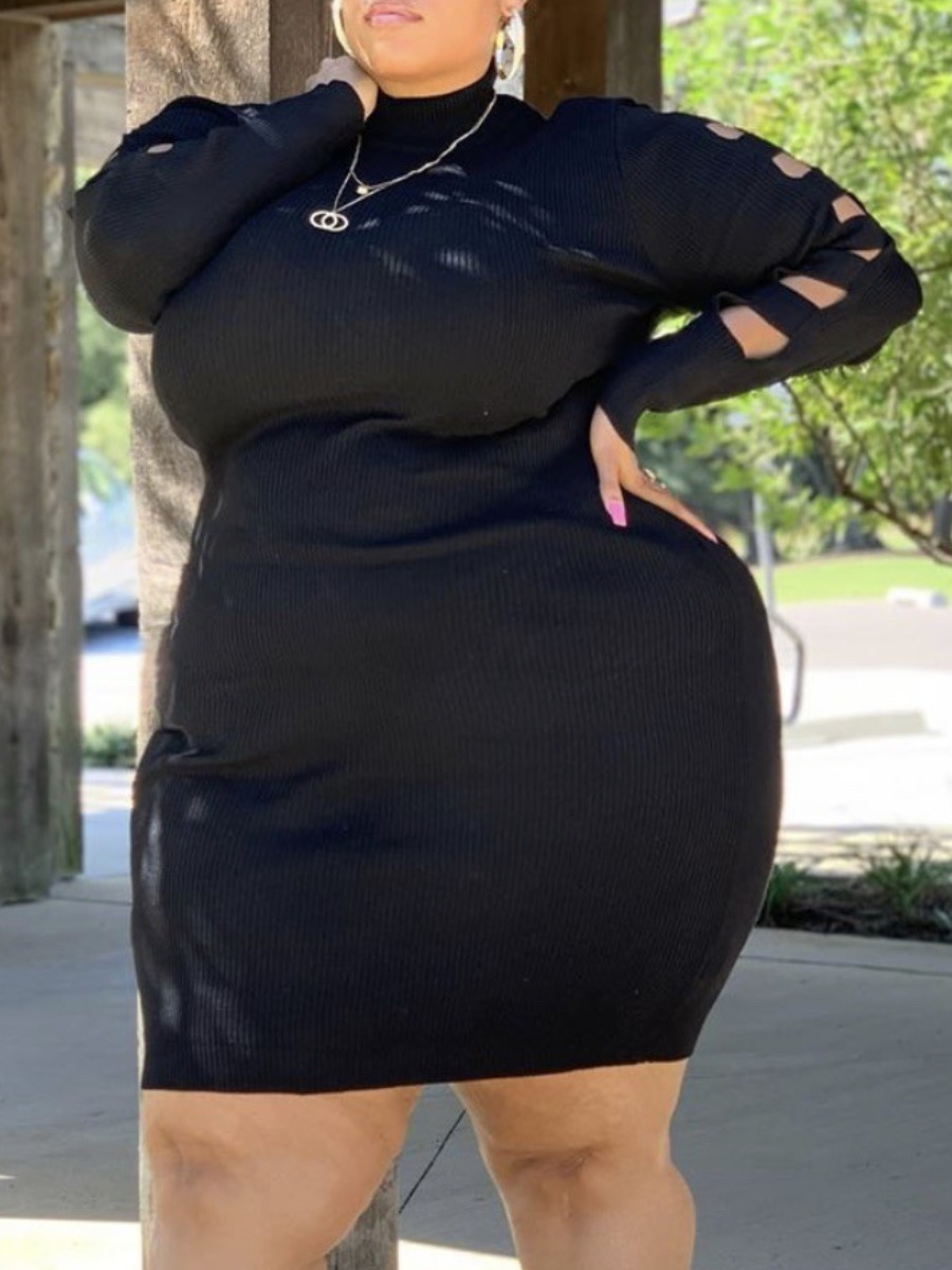 

lovely Casual Turtleneck Hollow-out Black Mini Plus Size Dress