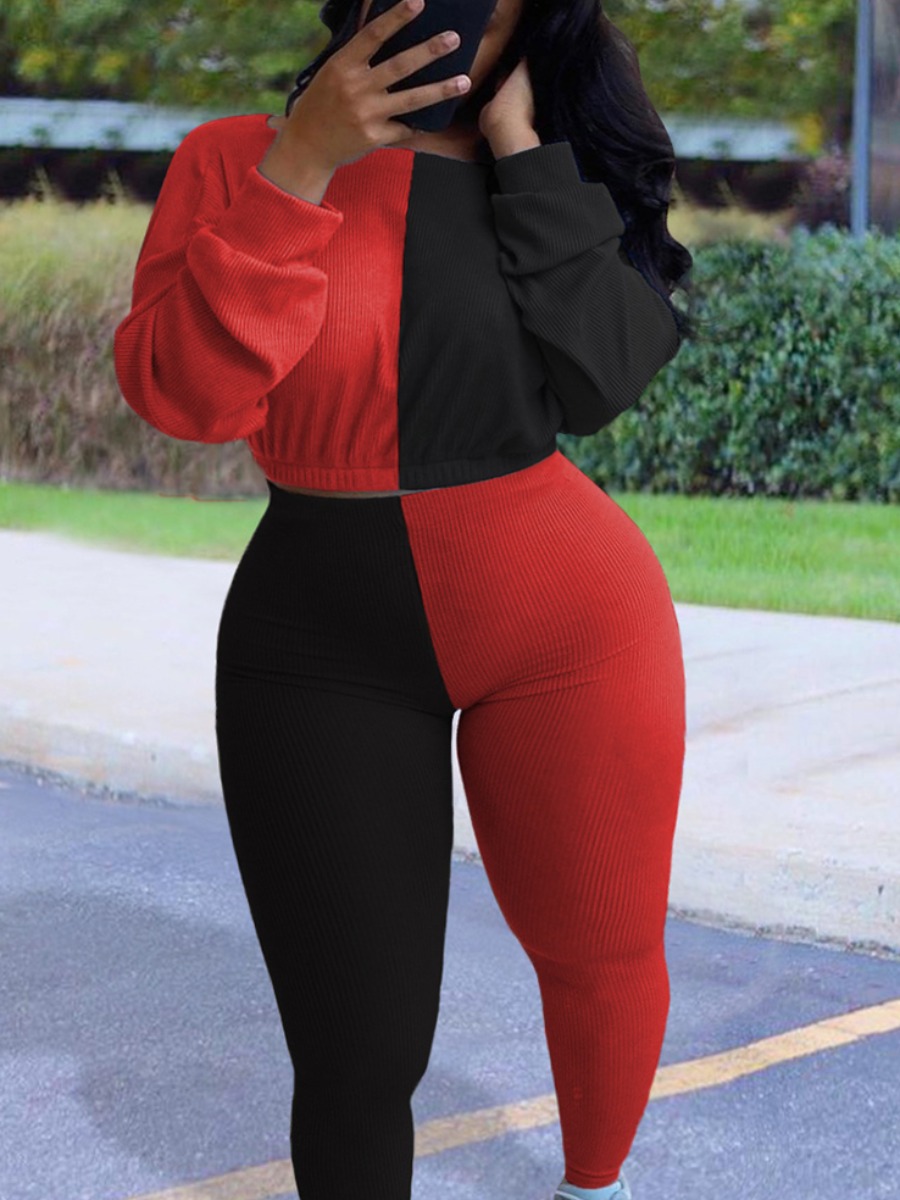 

lovely Casual O Neck Patchwork Red Plus Size Two-piece Pants Set