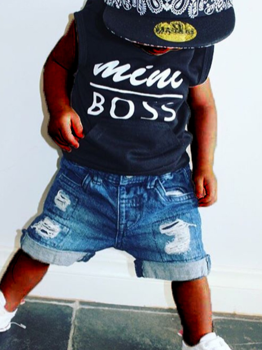 

lovely Trendy Hooded Collar Letter Print Black Boy Two-piece Shorts Set