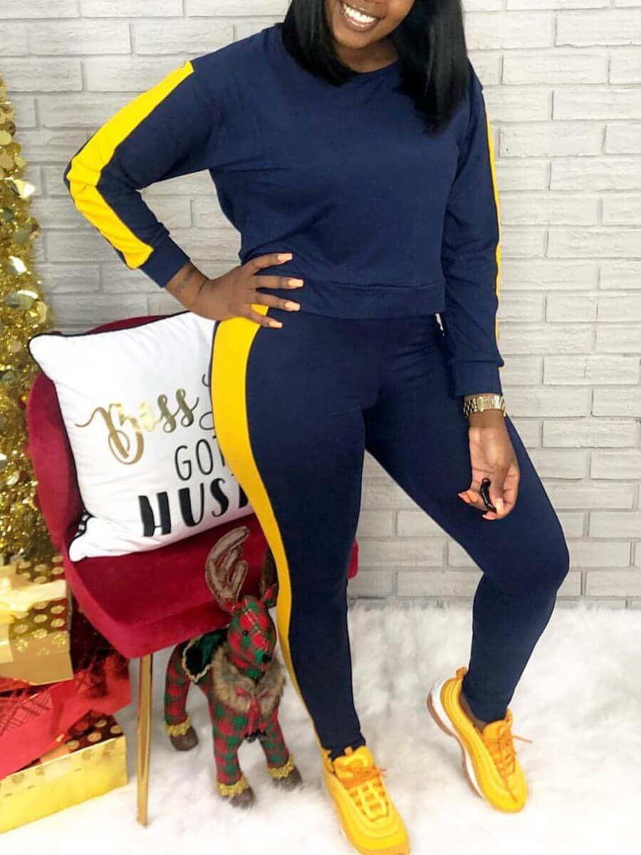 

Lovely Sportswear O Neck Patchwork Dark Blue Two Piece Pants Set