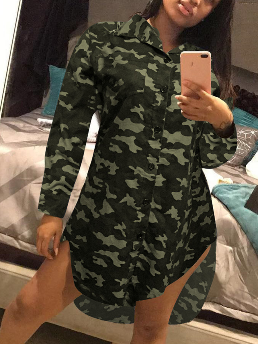 

lovely Trendy Turndown Collar Camo Print Army Green Knee Length Dress