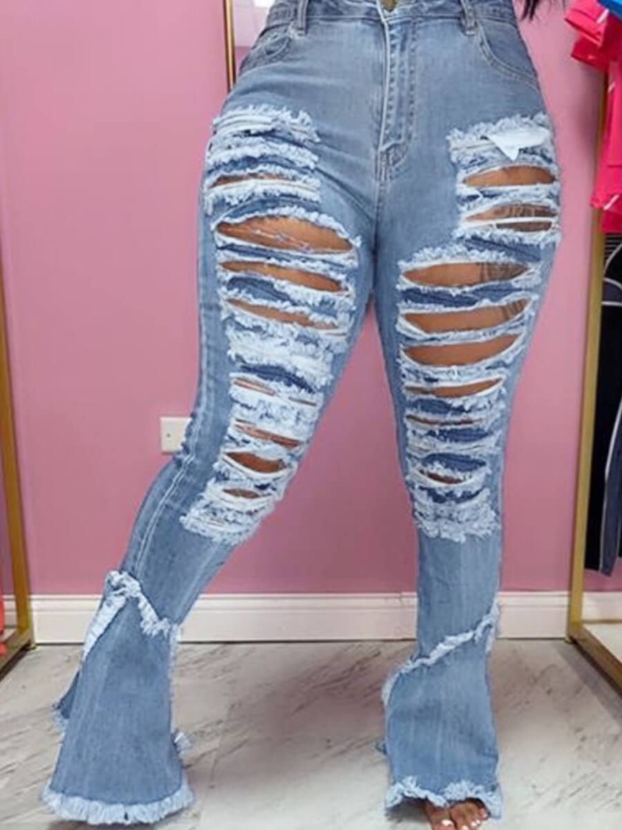 

Lovely Trendy Broken Holes Blue Jeans