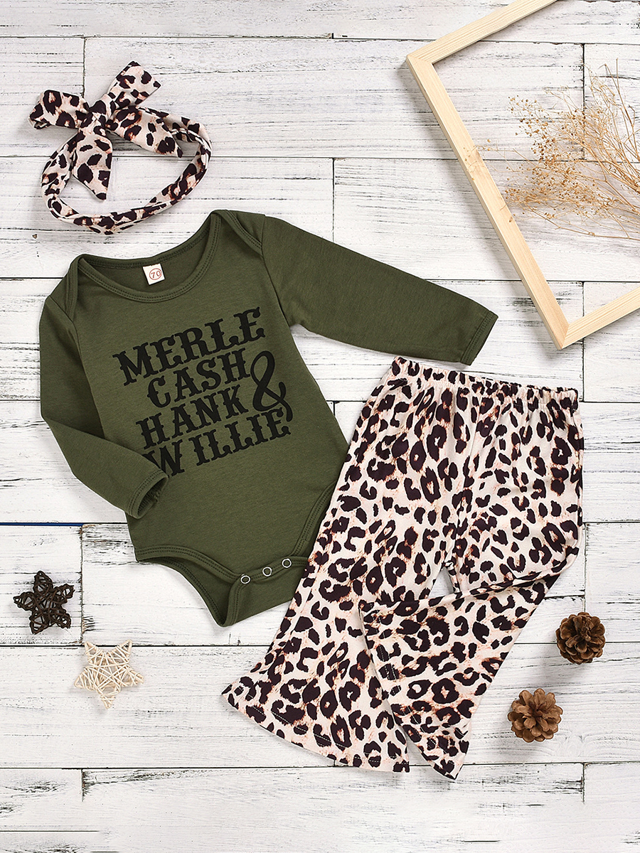 

lovely Leisure O Neck Letter Print Green Girl Two-piece Pants Set