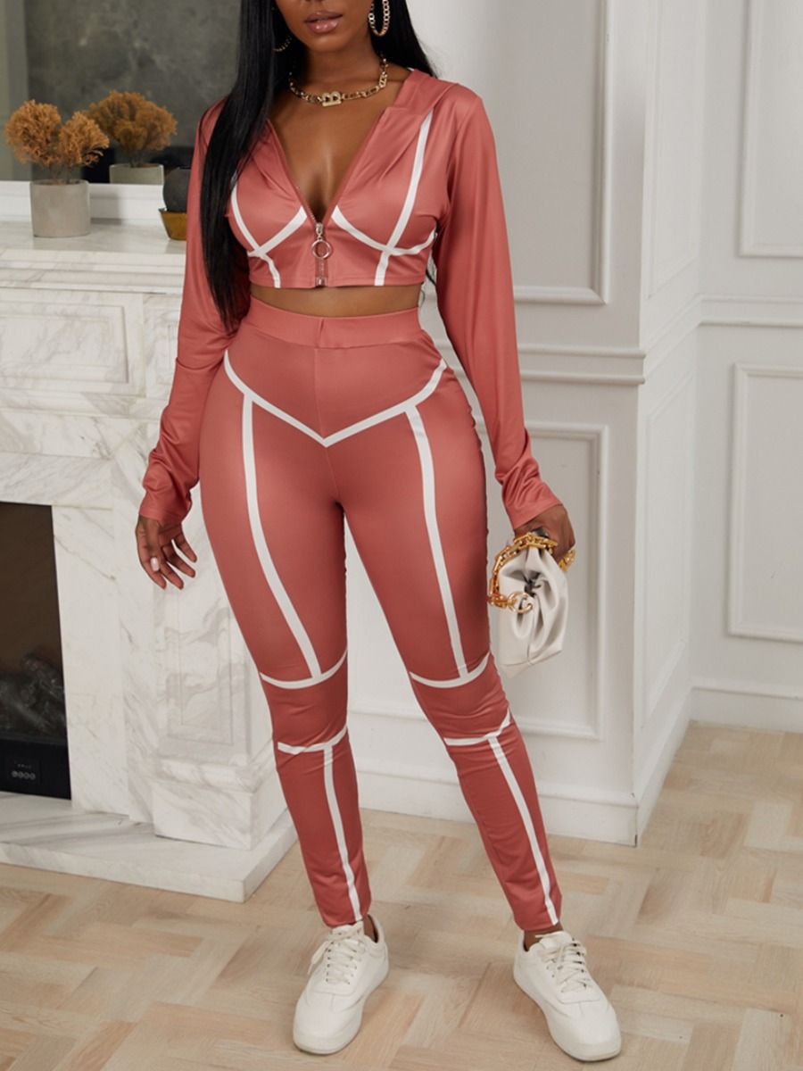

lovely Sportswear Hooded Collar Patchwork Cameo Brown Two Piece Pants Set