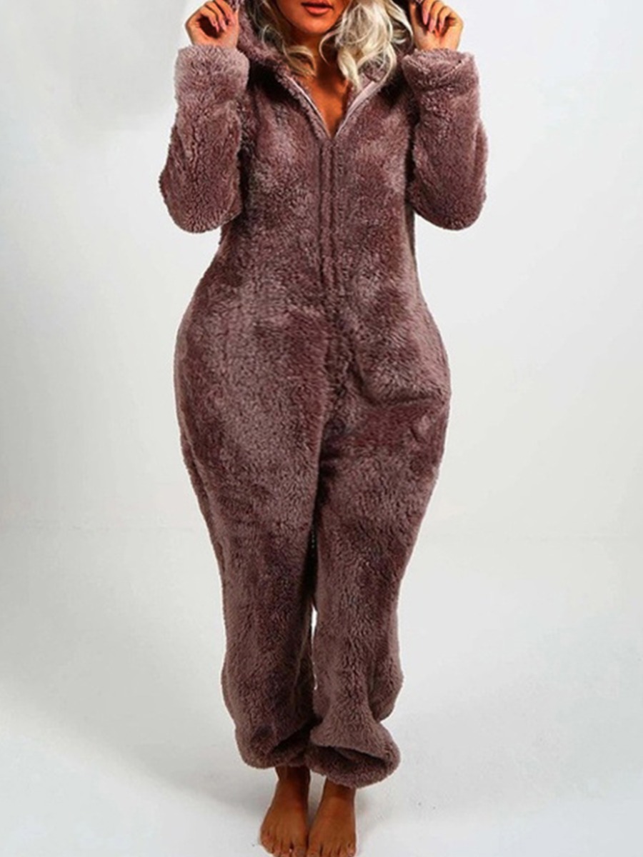 

lovely Casual Hooded Collar Zipper Design Coffee One-piece Jumpsuit