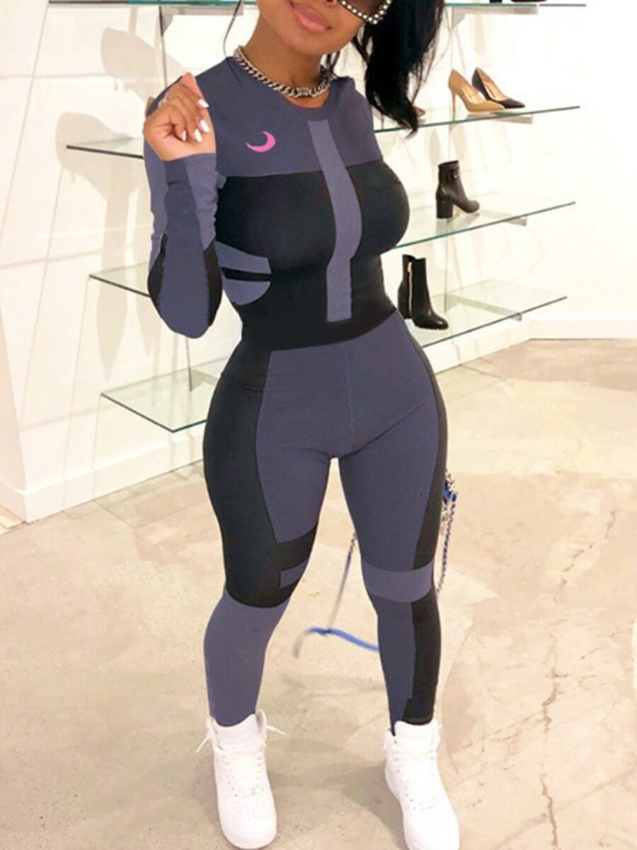 

Lovely Sportswear O Neck Patchwork Black One-piece Jumpsuit