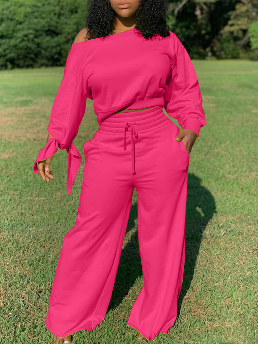 

Lovely Casual Lace-up Loose Rose Red Two Piece Pants Set