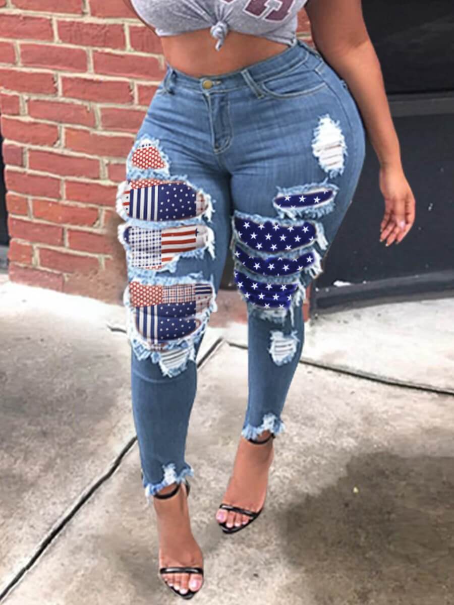 

Lovely Street Print Patchwork Blue Plus Size Jeans