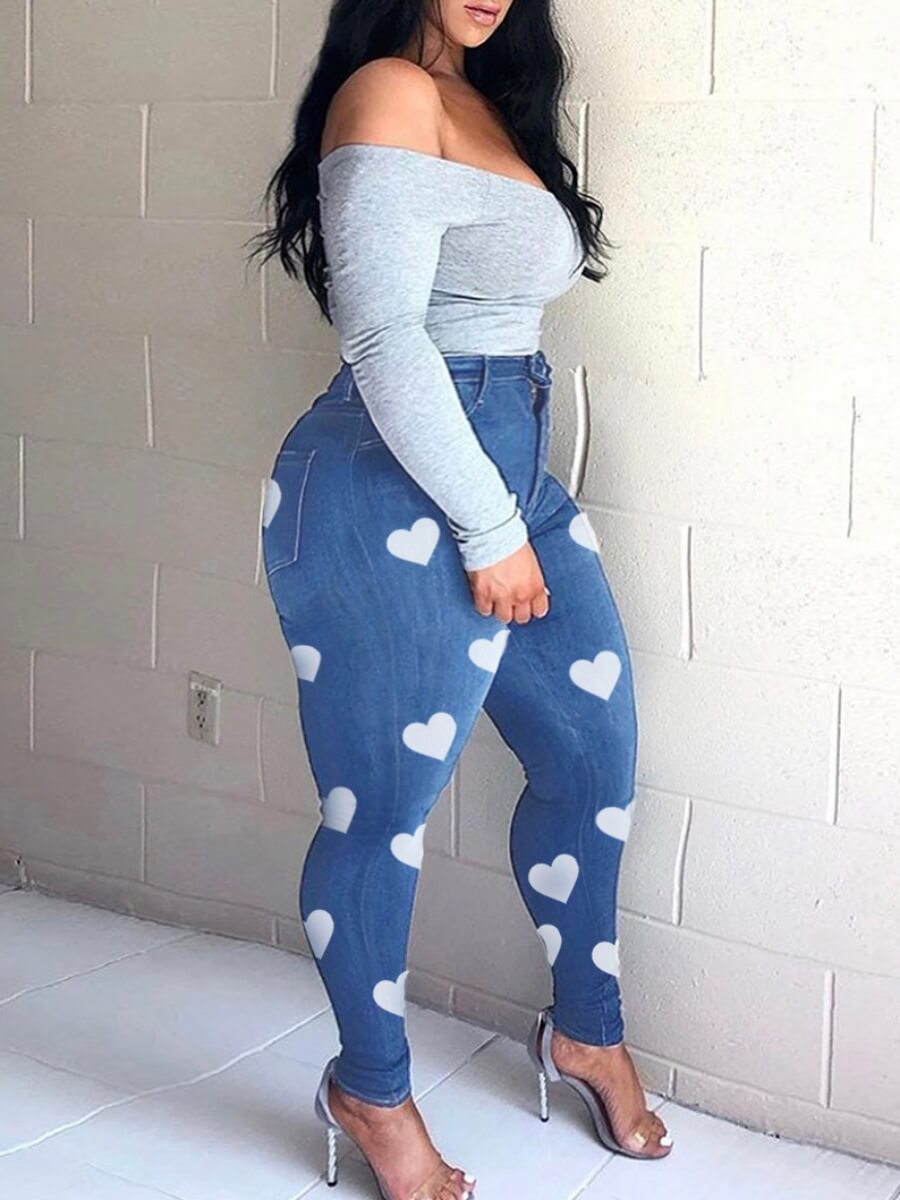 Lovely Stylish Heart Print Blue Plus Size Jeans