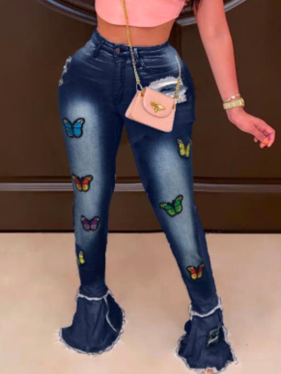 

Lovely Street Butterfly Print Deep Blue Jeans