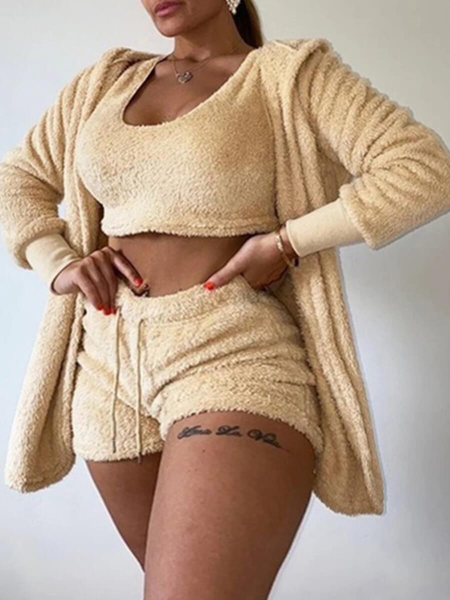 

Lovely Casual Hooded Collar Basic Khaki Plus Size Two-piece Shorts Set