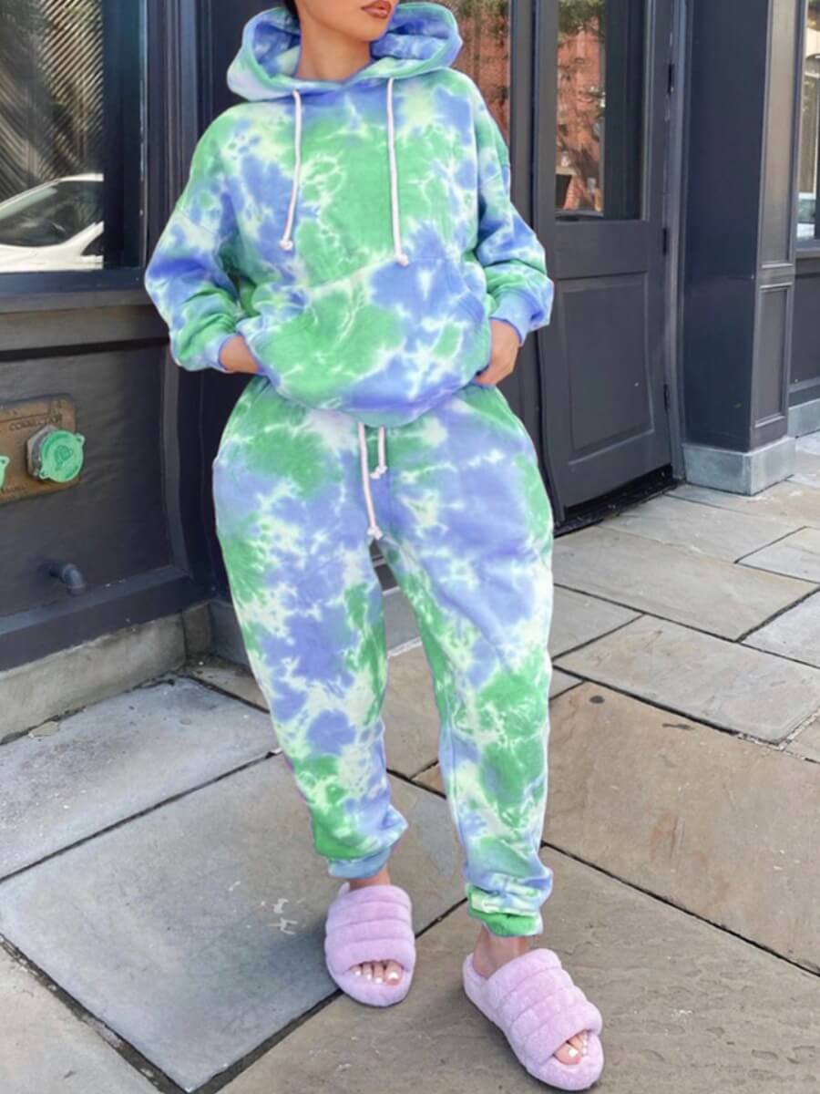 

Lovely Casual Hooded Collar Tie-dye Green Plus Size Two-piece Pants Set