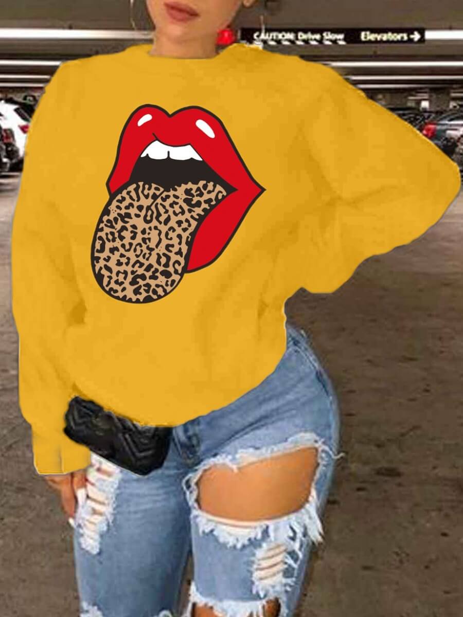 

LW Leisure O Neck Lip Print Yellow Hoodie