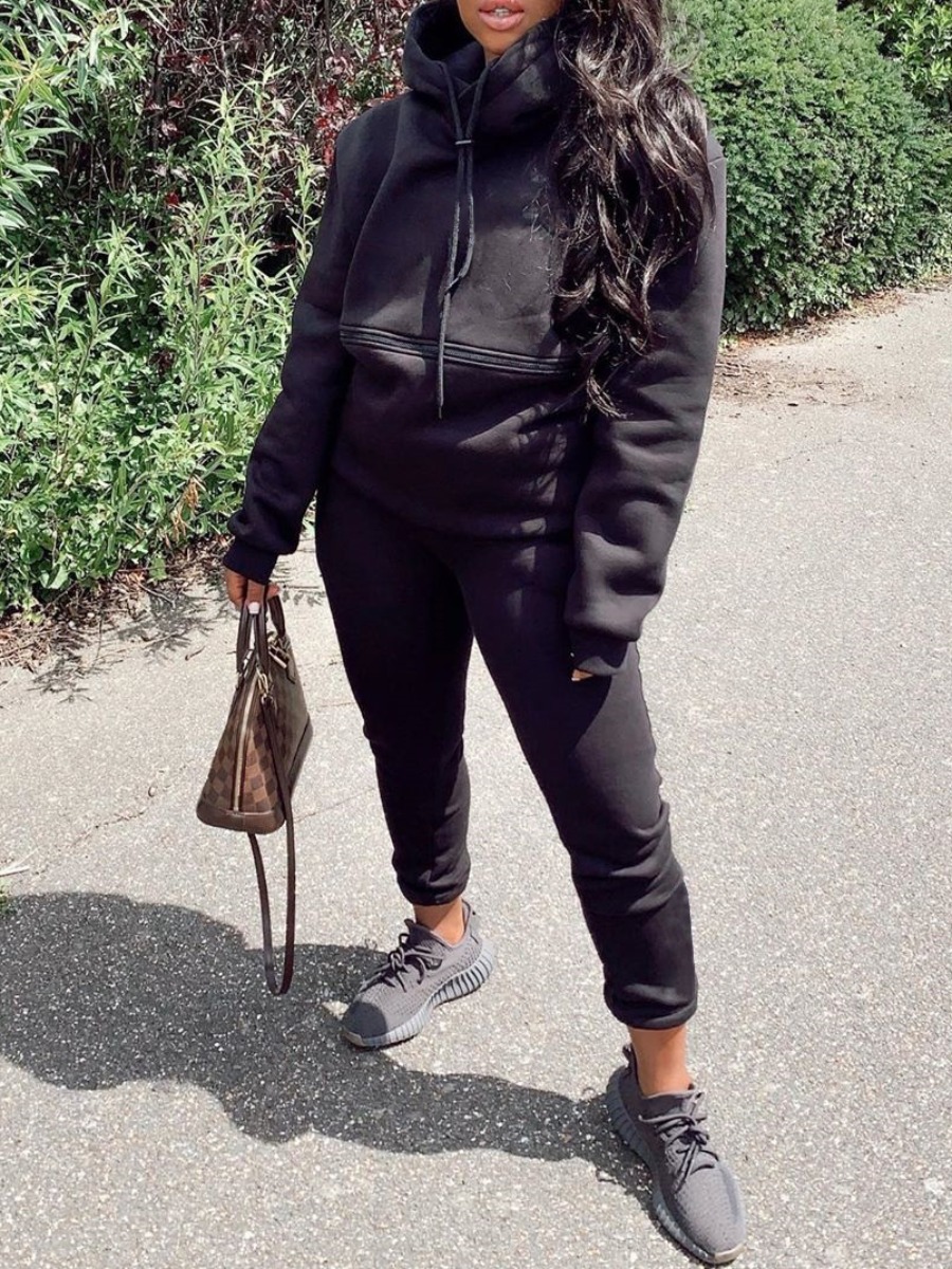 lovely Casual Hooded Collar Basic Black Two Piece Pants Set