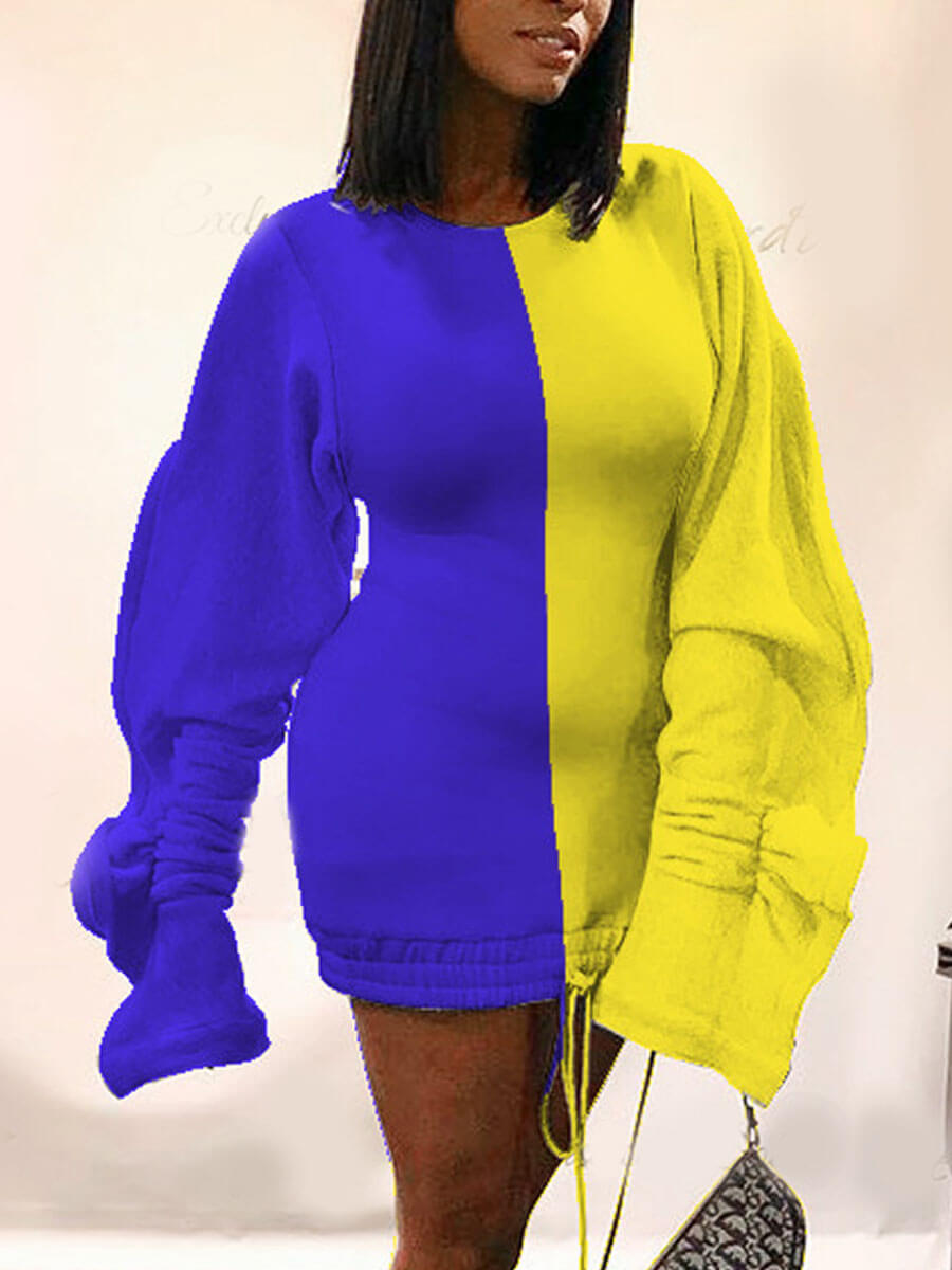 

Lovely Casual O Neck Patchwork Blue Mini Dress