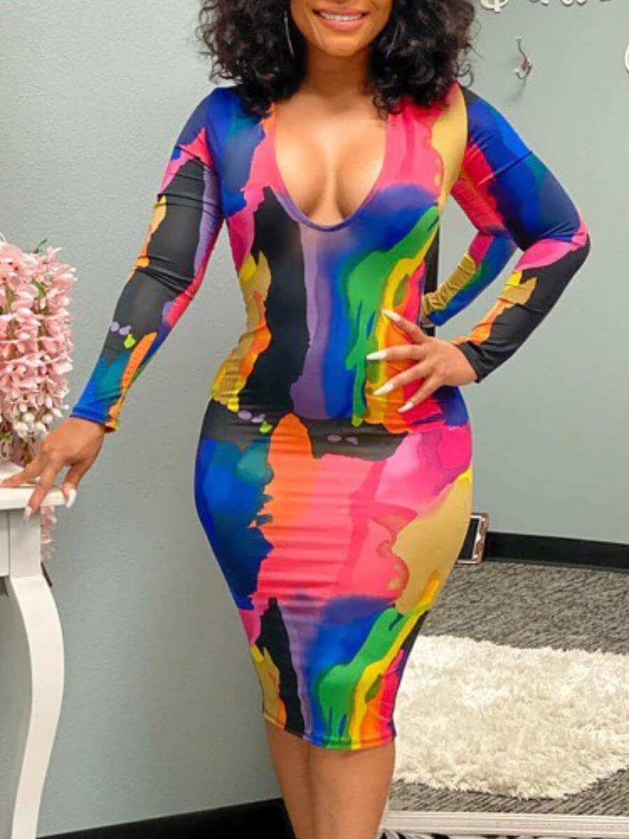 

Lovely Trendy V Neck Tie-dye Multicolor Knee Length Dress, Multi