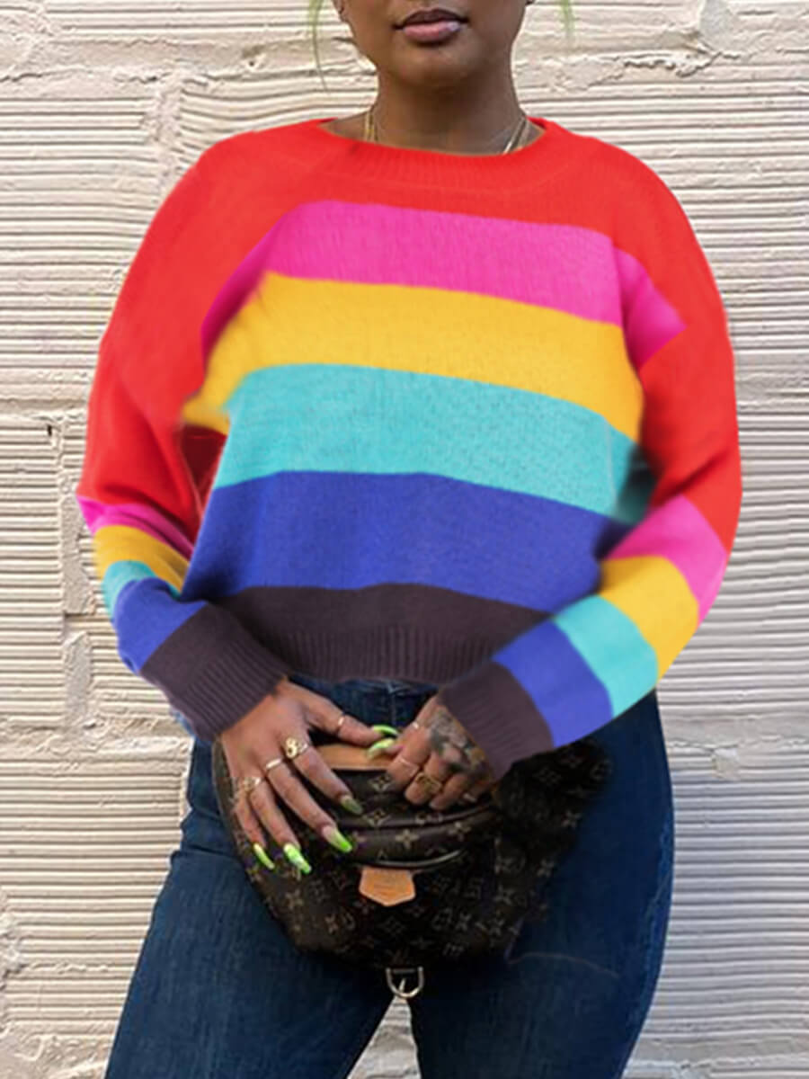 lovely Leisure O Neck Rainbow Striped Multicolor Sweater
