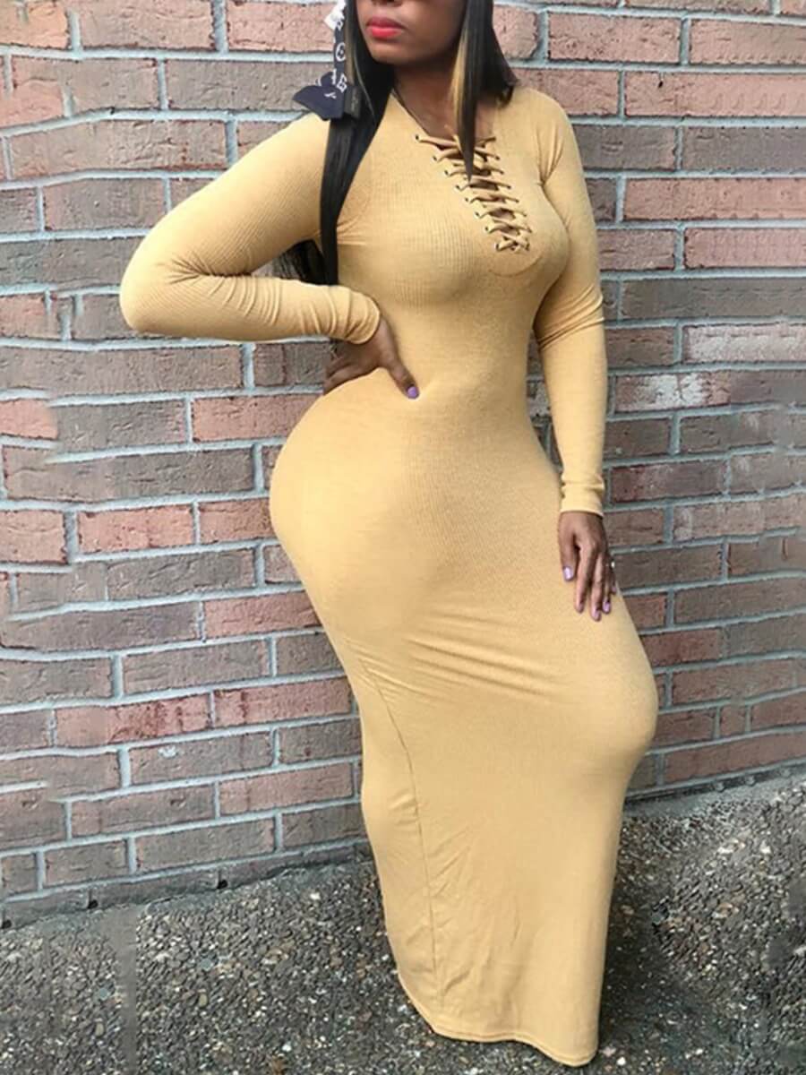 

Lovely Casual Bandage Design Cream-colored Maxi Dress