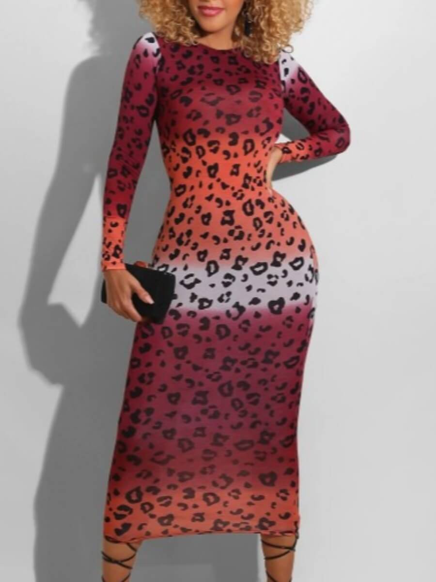 

Lovely Casual O Neck Print Wine Red Mid Calf Dress