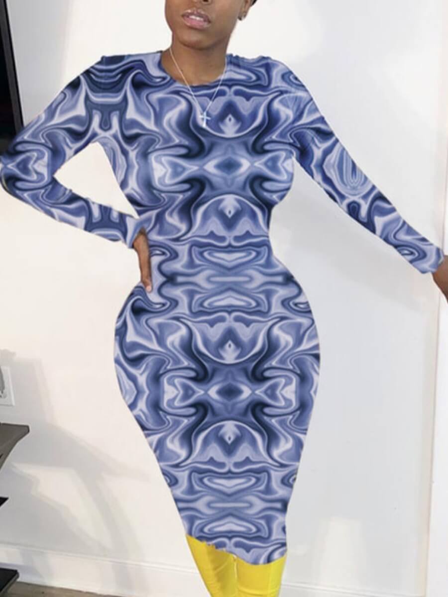 lovely Casual O Neck Print Blue Knee Length Dress