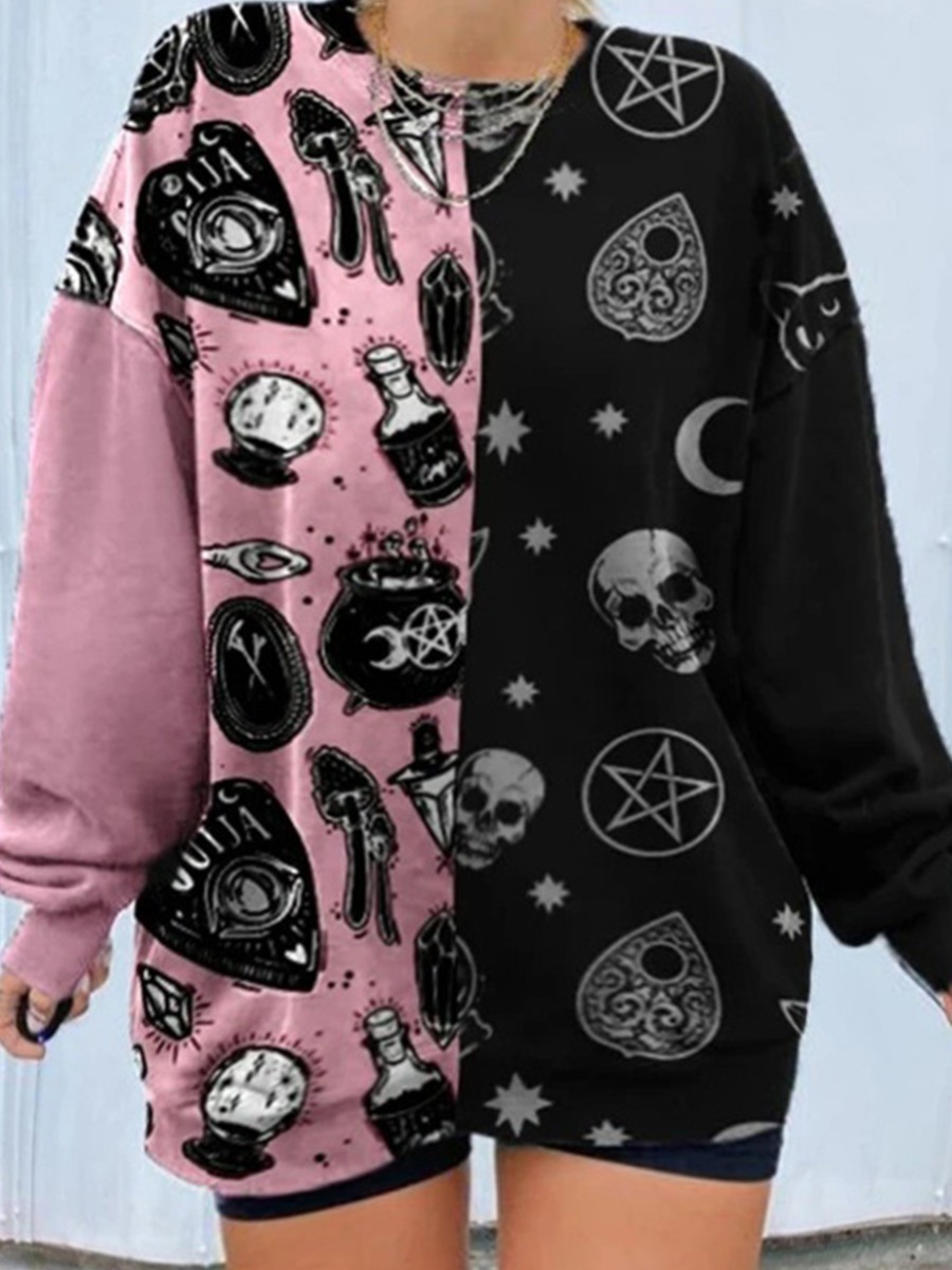 lovely Casual O Neck Print Patchwork Black Plus Size Hoodie