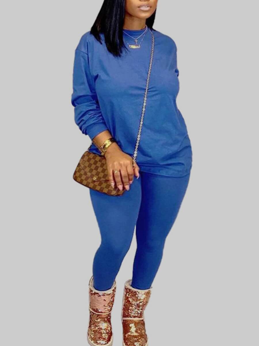 lovely Casual O Neck Basic Blue Plus Size Two-piece Pants Set