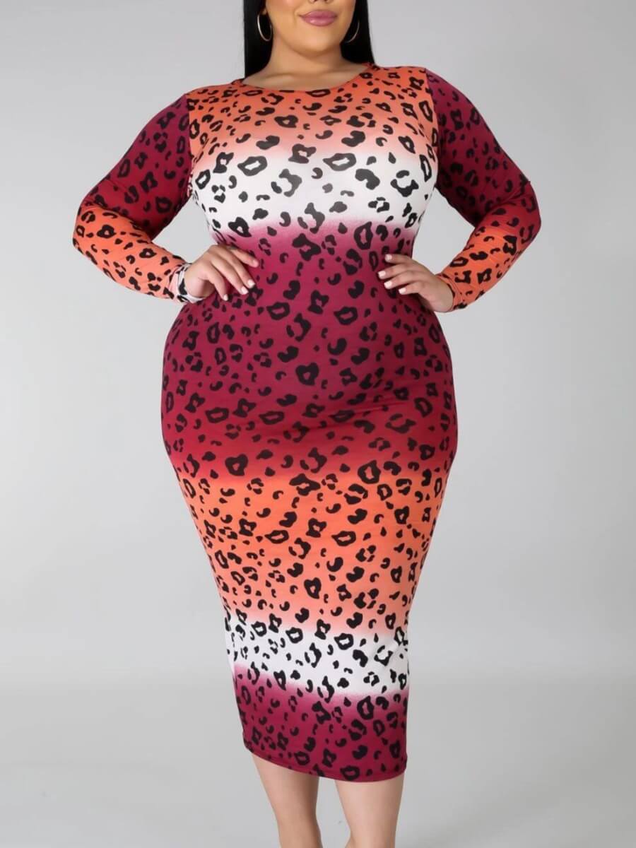 lovely Casual O Neck Gradient Print Red Mid Calf Plus Size Dress