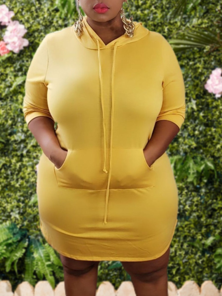 

Lovely Casual Hooded Collar Basic Yellow Mini Plus Size Dress
