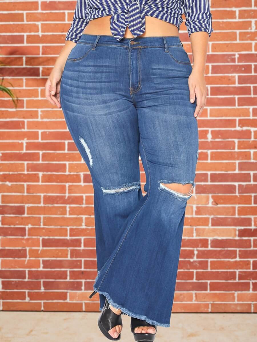 lovely Casual Broken Holes Deep Blue Plus Size Jeans