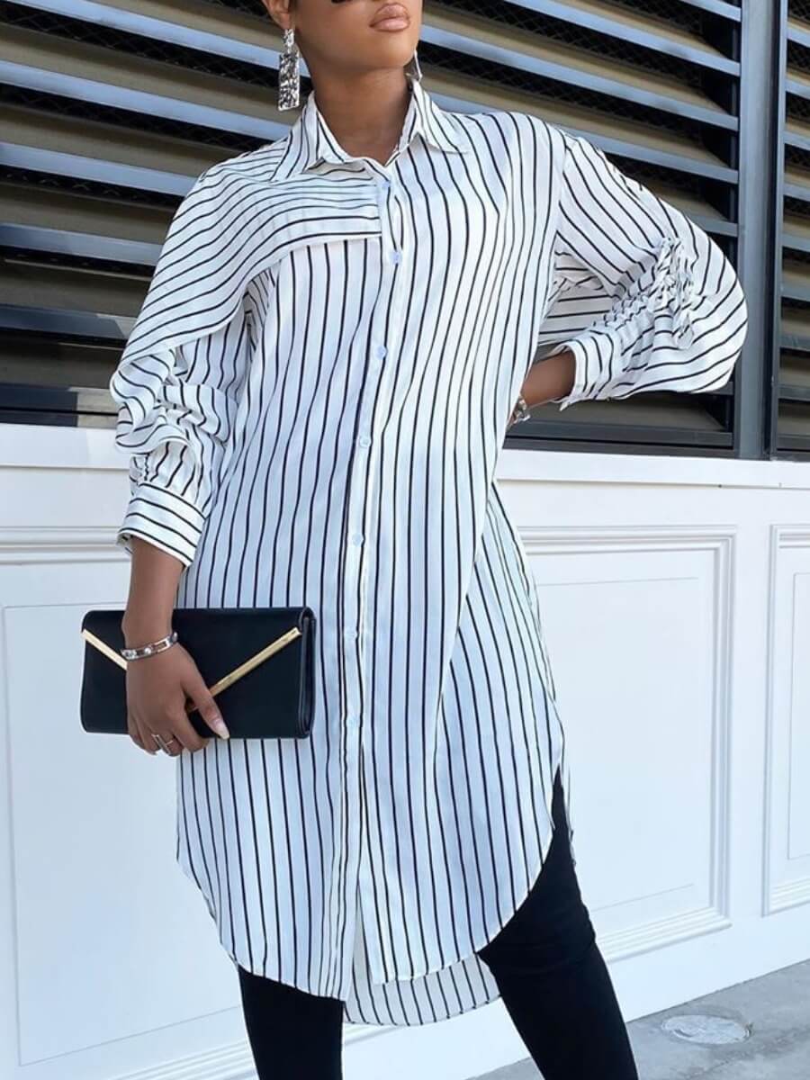 

Lovely Street Turndown Collar Striped White Long Blouse