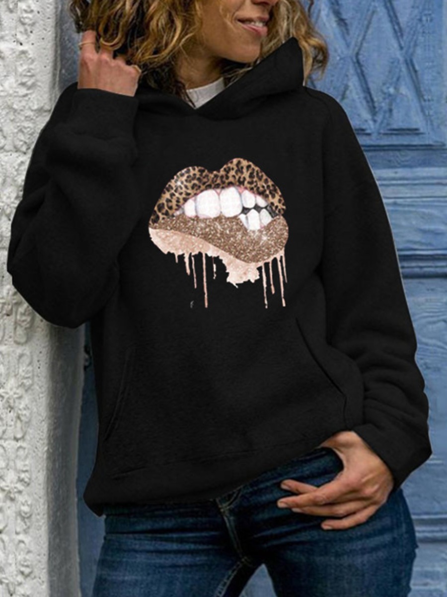 lovely Casual Hooded Collar Lip Print Black Plus Size Hoodie