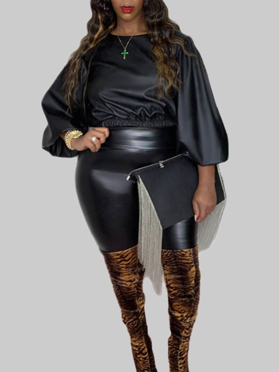 lovely Stylish O Neck Puffed Sleeves Black Plus Size Two-piece Pants Set