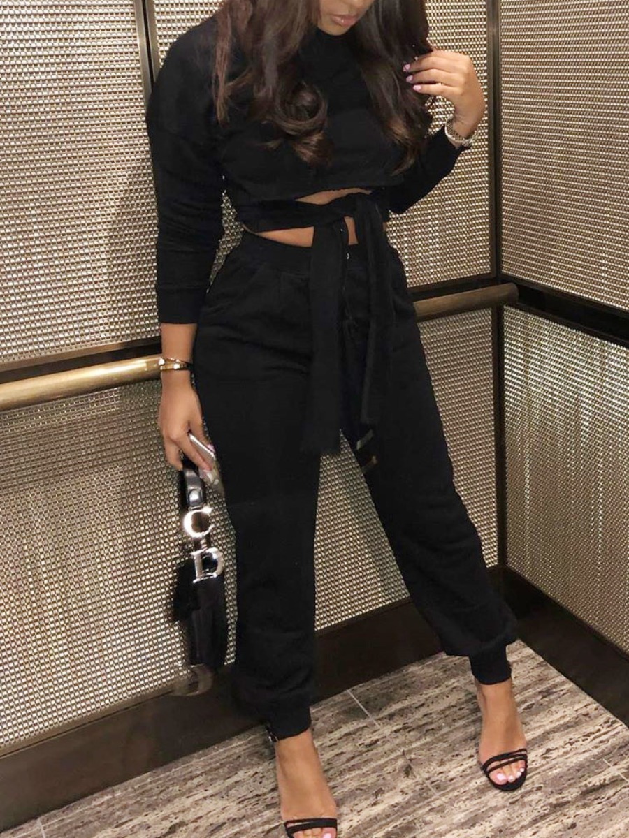 

Lovely Sportswear O Neck Lace-up Black Two Piece Pants Set