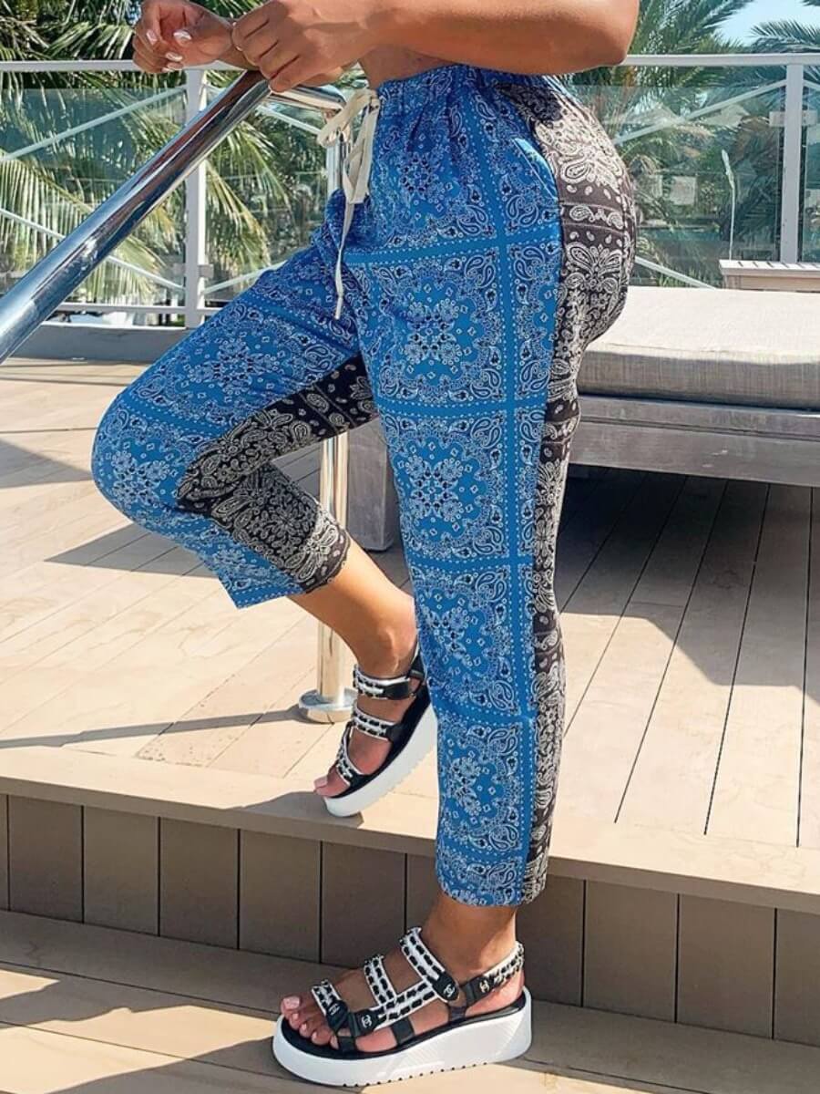 

Lovely Stylish Print Patchwork Blue Pants